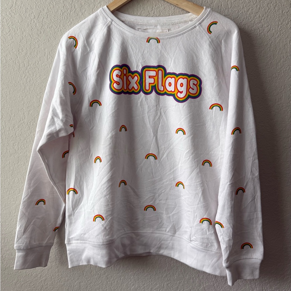 Six Flags White Sweatshirt with Rainbow Accents